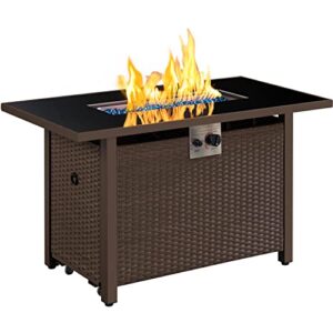 yaheetech 43 inch 50,000 btu pe rattan propane fire pit with tempered glass tabletop and rain cover, gas fire pit with lid and fire glass for outdoor heating/patio/terrace, auto-ignition, brown