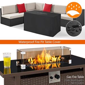 Topeakmart 43 inch Propane fire Pit Table 50,000 BTU Wicker Gas Fire Pit with Lid, Tempered Glass Tabletop, Fire Glass and Rain Cover, Outdoor Gas Fire Table for Patio Deck, Outside Heating, Brown