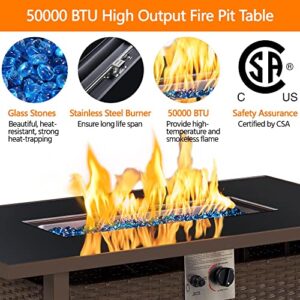 Topeakmart 43 inch Propane fire Pit Table 50,000 BTU Wicker Gas Fire Pit with Lid, Tempered Glass Tabletop, Fire Glass and Rain Cover, Outdoor Gas Fire Table for Patio Deck, Outside Heating, Brown