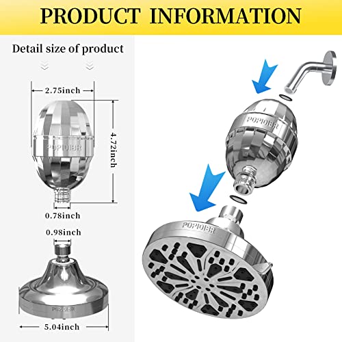 Filtered Shower Head, 20 Stage Shower Head Filter for Hard Water, Popioibr 8 Modes Water Softener Shower Head with Filters Remove Chlorine and Harmful Substances Purifying Water for Water Healthy Life