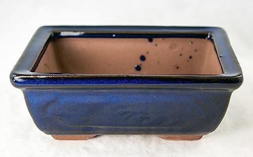 Rectangular Blue Glazed Cactus & Succulent Planter, Bonsai Pot + Mesh + Wire - 6"x 4.5"x 2.25"