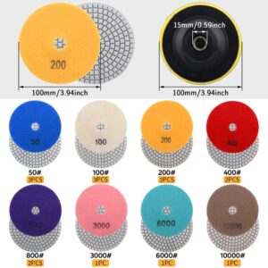 16Packs Diamond Polishing Pads Set, 4inch Dry/Wet Polish Pad Kit , 50#-10000# Grit Pads with Back Holder, for Drill Grinder Polisher, FOR Granite Concrete Countertop Marble Stone(size:16pcs/set)