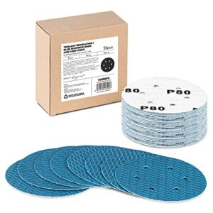 diamond shape 6 inch 80 grit sanding disc, revolutionary patent 6 hole hook and loop sanding discs for random disc sanders & orbital sanders (50pack) by toolant