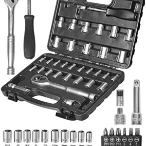 WESCO Socket Wrench Set, Quick Release Ratcheting, 1/4-Inch & 3/8-Inch Drive, SAE/Metric, Cr-V Steel, Mechanic Tool Set with Case, 40 Pieces