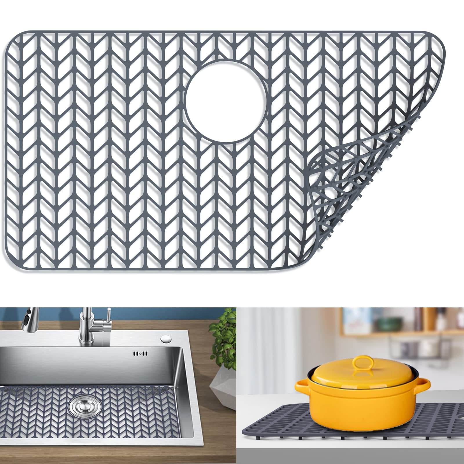 Silicone Sink Mat 26”x14”, JIUBAR sink protectors for kitchen sink,silicone sink mat,Sink Mat Grid for Bottom of Farmhouse Stainless Steel Porcelain Sink with Rear Drain.(Grey)