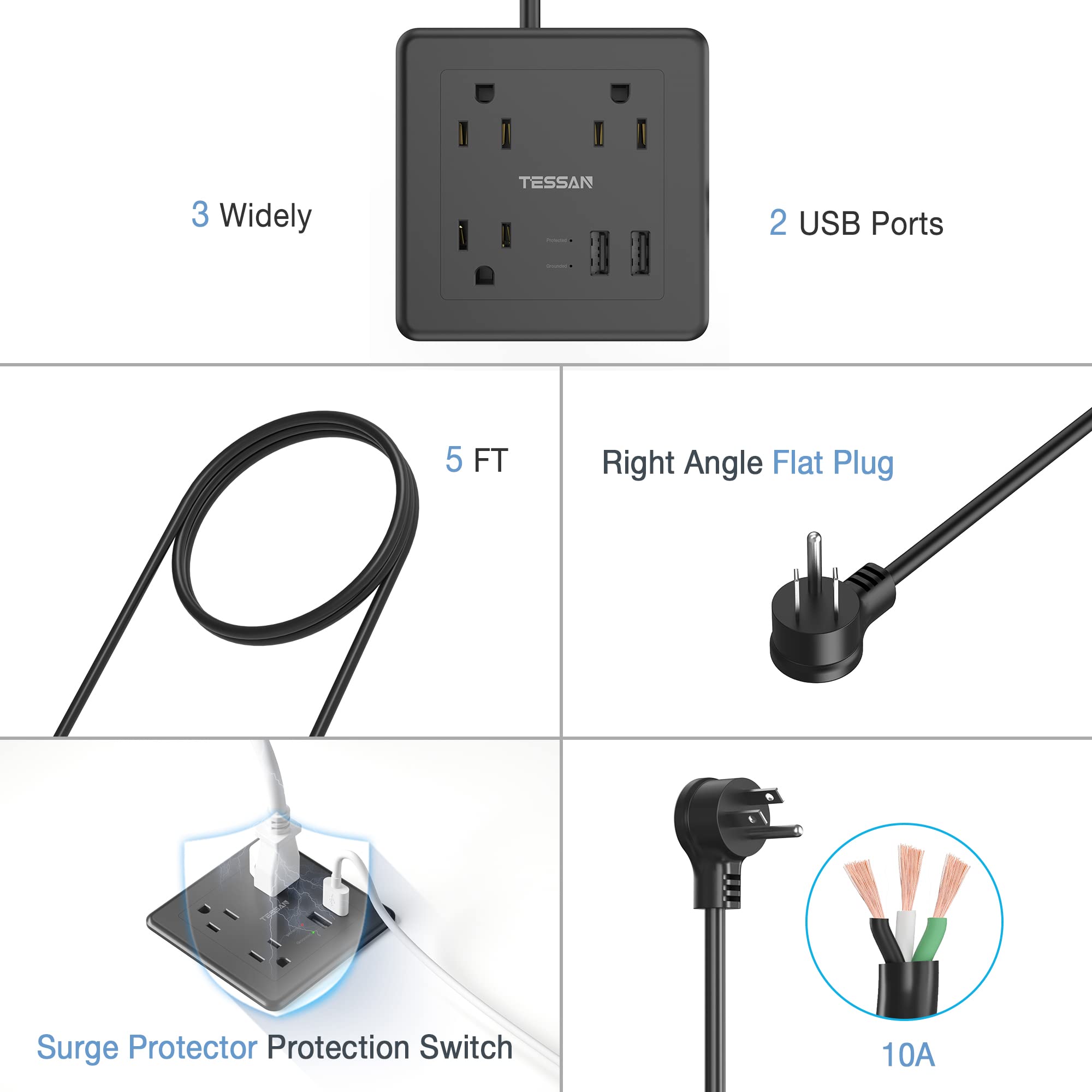 Furniture Recessed Power Strip with 3 AC Outlets 2 USB Ports, TESSAN Flush Mount Outlet with Surge Protector, 5 Ft Desk Surge Protecion Charging Station for Sofa, Table, Cabinet, Conference