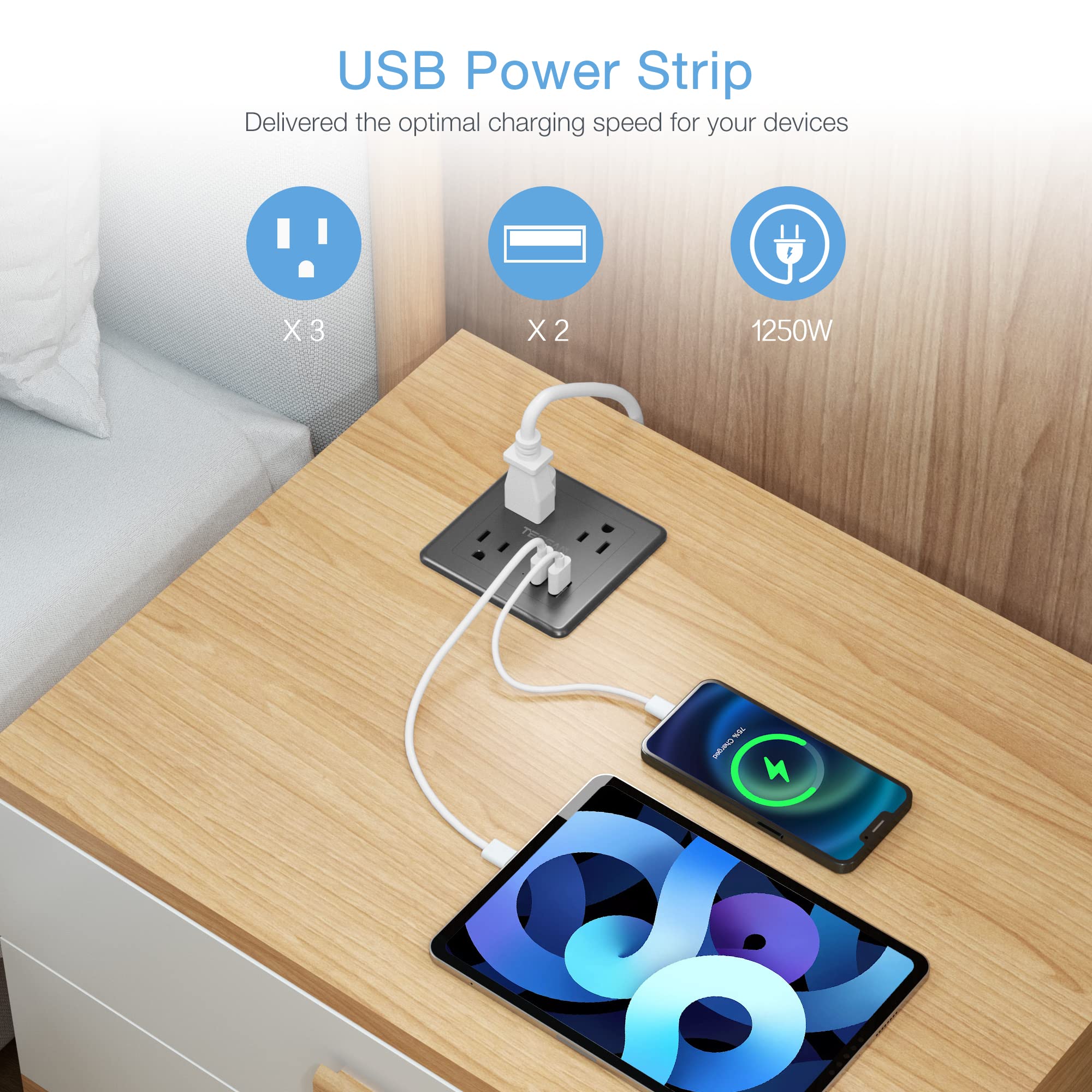 Furniture Recessed Power Strip with 3 AC Outlets 2 USB Ports, TESSAN Flush Mount Outlet with Surge Protector, 5 Ft Desk Surge Protecion Charging Station for Sofa, Table, Cabinet, Conference