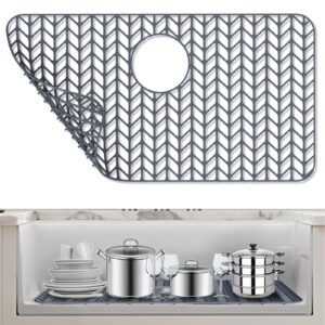 awoke silicone sink protectors for kitchen sink, 26''x 14'' folding non-slip sink mat grid, for bottom of farmhouse stainless steel porcelain sink with rear drain (grey)