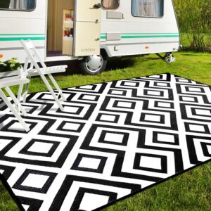 DiiKoo Outdoor Rug Mat for Patio, 5x8ft Waterproof Reversible Plastic Straw Rugs, Camping Carpet Area Mats for RV, Porch, Deck, Backyard, Balcony, Camper, Picnic, Beach, Trailer, Black & White