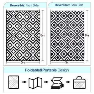 DiiKoo Outdoor Rug Mat for Patio, 5x8ft Waterproof Reversible Plastic Straw Rugs, Camping Carpet Area Mats for RV, Porch, Deck, Backyard, Balcony, Camper, Picnic, Beach, Trailer, Black & White