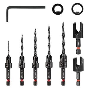 ezarc wood countersink drill bit set, 4, 6, 8, 10, 12 tapered drill bits, with 1/4" hex shank, counter sinker set for woodworking and carpentry