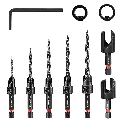 EZARC Wood Countersink Drill Bit Set, 4, 6, 8, 10, 12 Tapered Drill Bits, with 1/4" Hex Shank, Counter Sinker Set for Woodworking and Carpentry