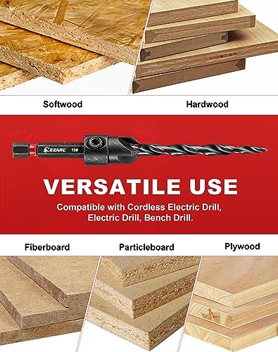 EZARC Wood Countersink Drill Bit Set, 4, 6, 8, 10, 12 Tapered Drill Bits, with 1/4" Hex Shank, Counter Sinker Set for Woodworking and Carpentry