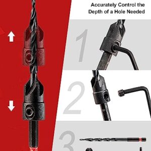 EZARC Wood Countersink Drill Bit Set, 4, 6, 8, 10, 12 Tapered Drill Bits, with 1/4" Hex Shank, Counter Sinker Set for Woodworking and Carpentry