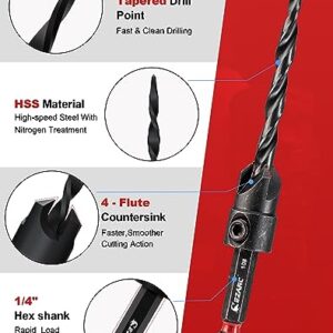 EZARC Wood Countersink Drill Bit Set, 4, 6, 8, 10, 12 Tapered Drill Bits, with 1/4" Hex Shank, Counter Sinker Set for Woodworking and Carpentry