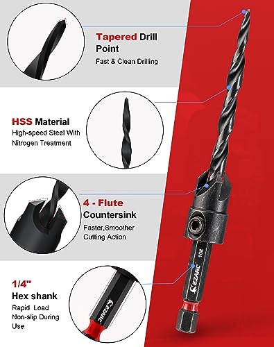 EZARC Wood Countersink Drill Bit Set, 4, 6, 8, 10, 12 Tapered Drill Bits, with 1/4" Hex Shank, Counter Sinker Set for Woodworking and Carpentry