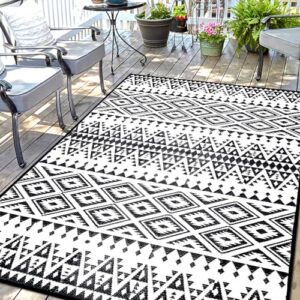 diikoo outdoor rug mat for patio, 6x9ft waterproof reversible plastic straw rugs, camping carpet area mats for rv, porch, deck, backyard, balcony, camper, picnic, beach, trailer, black & white