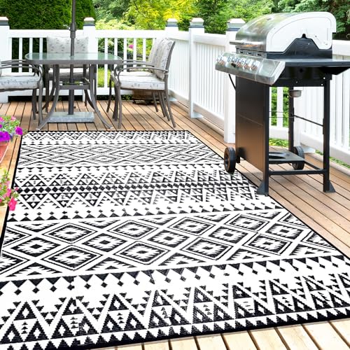 DiiKoo Outdoor Rug Mat for Patio, 6x9ft Waterproof Reversible Plastic Straw Rugs, Camping Carpet Area Mats for RV, Porch, Deck, Backyard, Balcony, Camper, Picnic, Beach, Trailer, Black & White