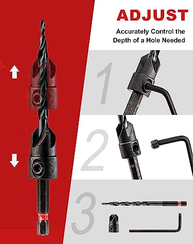 EZARC Wood Countersink Drill Bit Set, 4, 6, 8, 10 Tapered Drill Bits, with 1/4" Hex Shank, Counter Sinker Set for Woodworking and Carpentry