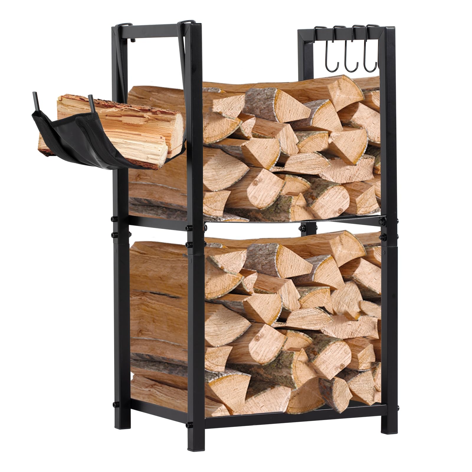 NALONE Firewood Rack Indoor, Small Outdoor Firewood Log Storage Rack, 2-Tier Wood Holder with 6 Hooks, Firewood Stand for Indoor Fireplace, Outdoor Patio, Fire Pit, Stove