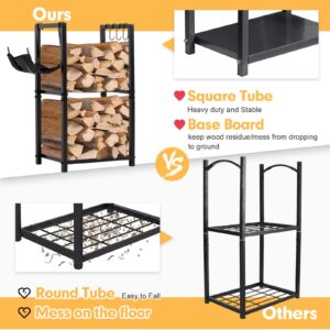 NALONE Firewood Rack Indoor, Small Outdoor Firewood Log Storage Rack, 2-Tier Wood Holder with 6 Hooks, Firewood Stand for Indoor Fireplace, Outdoor Patio, Fire Pit, Stove