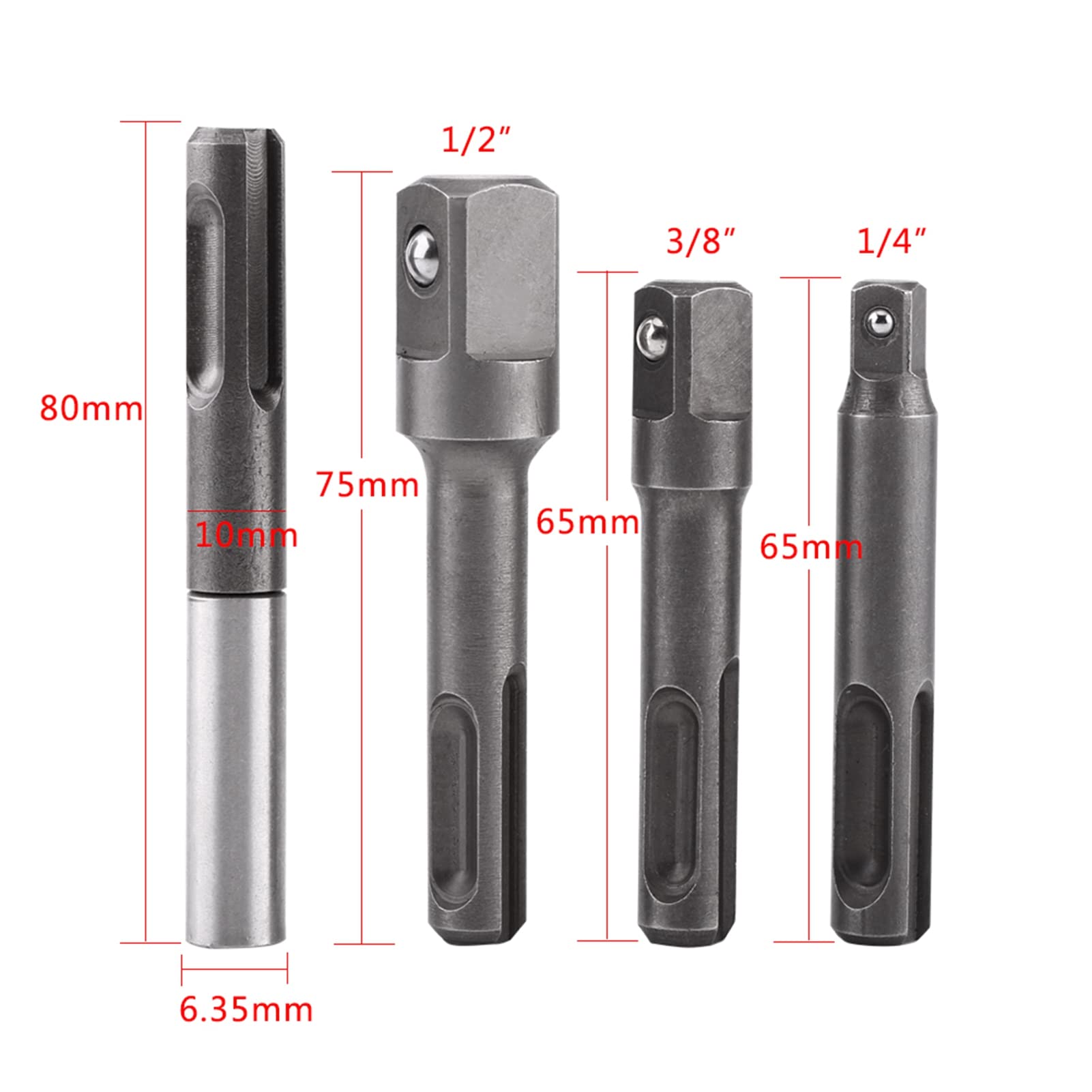 Watris Veiyi 4PCS SDS Plus Socket Adaptor, SDS Plus Extension, 1/4" Hex Shank Drill Bit Set, Impact Socket Adaptor, 1/4"3/8"1/2" Square Extension Connector for Drill and Handheld Driver