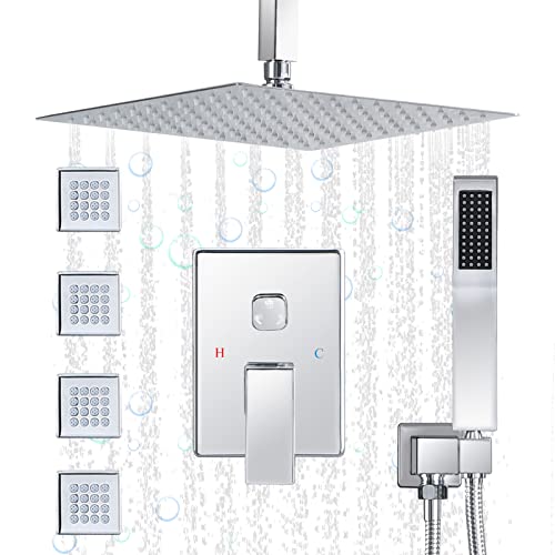 (Updated) JetsBath Shower Jets Rain Shower System with 12'' Ceiling Shower & Hand Shower, Overhead Full Body Shower System with Body Shower Spray Jets Chrome Rain Shower Set, JB3412C-CH