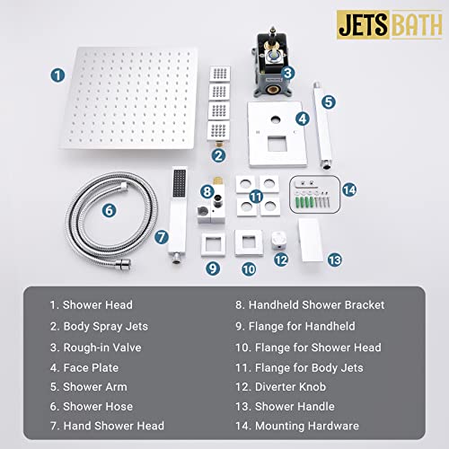 (Updated) JetsBath Shower Jets Rain Shower System with 12'' Ceiling Shower & Hand Shower, Overhead Full Body Shower System with Body Shower Spray Jets Chrome Rain Shower Set, JB3412C-CH