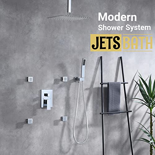 (Updated) JetsBath Shower Jets Rain Shower System with 12'' Ceiling Shower & Hand Shower, Overhead Full Body Shower System with Body Shower Spray Jets Chrome Rain Shower Set, JB3412C-CH