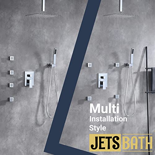 (Updated) JetsBath Shower Jets Rain Shower System with 12'' Ceiling Shower & Hand Shower, Overhead Full Body Shower System with Body Shower Spray Jets Chrome Rain Shower Set, JB3412C-CH