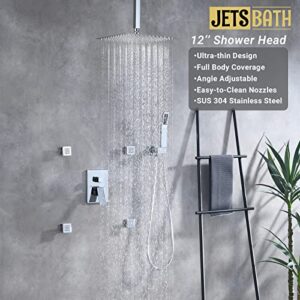 (Updated) JetsBath Shower Jets Rain Shower System with 12'' Ceiling Shower & Hand Shower, Overhead Full Body Shower System with Body Shower Spray Jets Chrome Rain Shower Set, JB3412C-CH