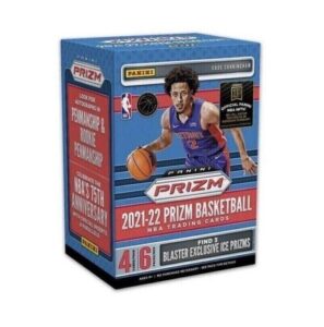 2021-22 panini prizm nba basketball factory sealed blaster box 24 cards 6 packs of 4 cards. find 3 blaster exclusive ice prizms. chase autographs and rare parallel rated rookie cards of cade cunningham, josh giddey, scottie barnes, jalen green, evan moble