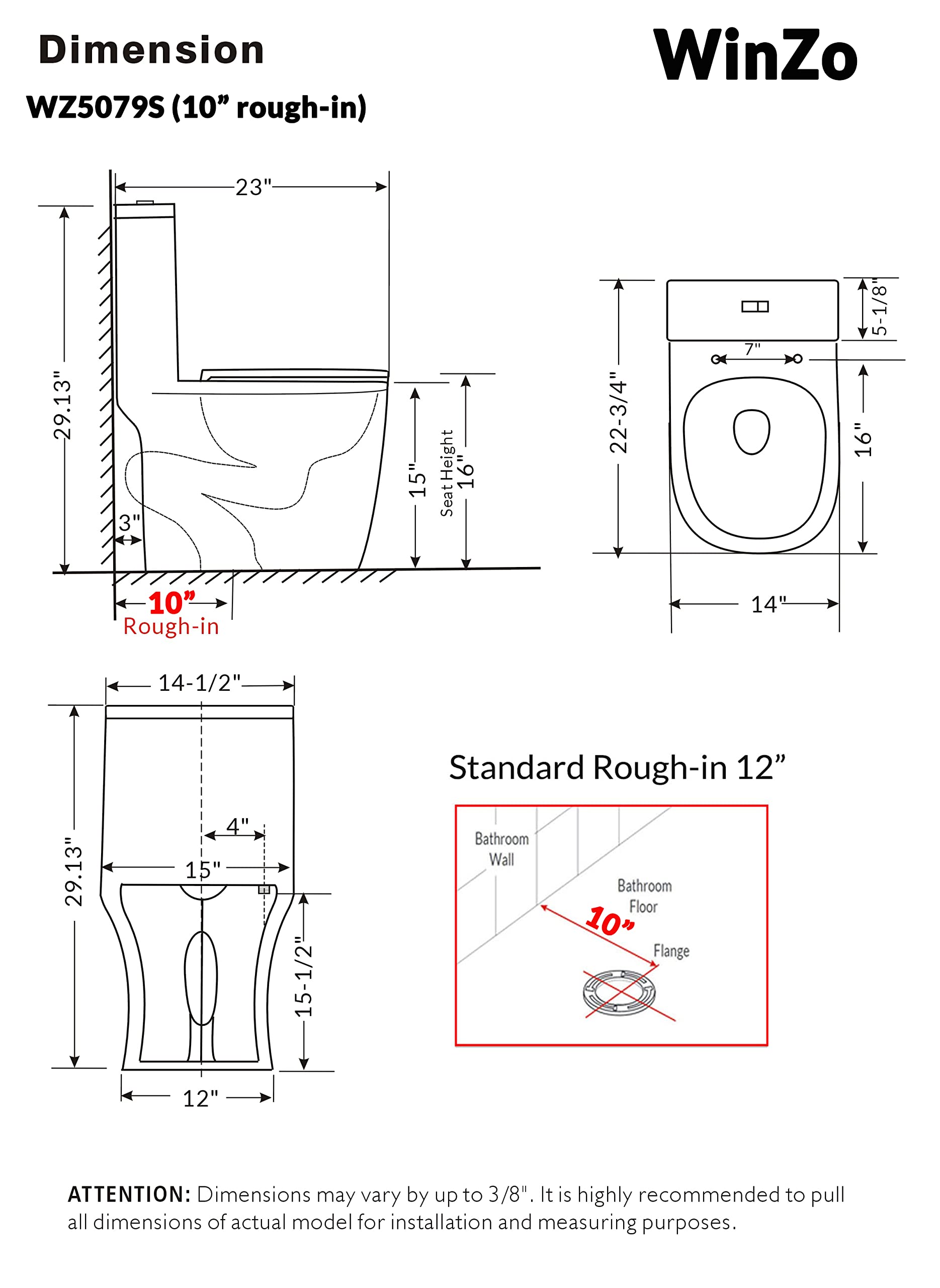 WinZo WZ5079S Modern Compact Round One Piece Toilet 10" Rough-in High Efficiency Dual Flush for Small Bathroom