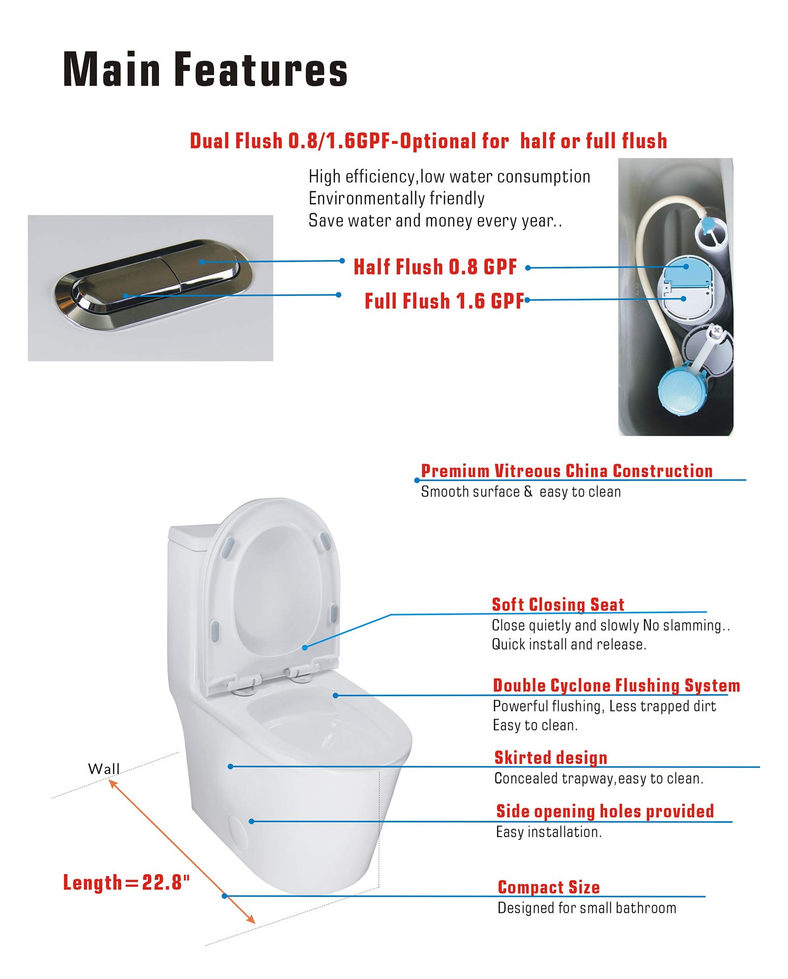 WinZo WZ5079S Modern Compact Round One Piece Toilet 10" Rough-in High Efficiency Dual Flush for Small Bathroom