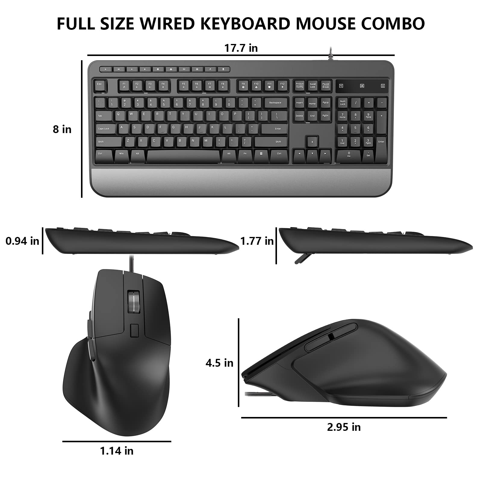 Wired Keyboard and Mouse Combo, Full-Sized Ergonomic Computer Keyboard with Palm Rest and Optical Wired Mouse for Windows, Mac OS Desktop/Laptop/PC