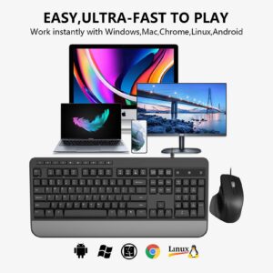 Wired Keyboard and Mouse Combo, Full-Sized Ergonomic Computer Keyboard with Palm Rest and Optical Wired Mouse for Windows, Mac OS Desktop/Laptop/PC