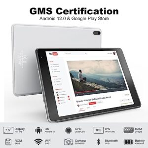 Android 12 Tablet 7.5 inch, Tablets Computer 64GB Storage 512GB Expandable, Quad-Core Processor, PS FHD 1440x1080 Resolution Display, Google GMS Certified Smart Tablet/WiFi (Silver)