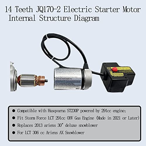 Tinsaen 14 Teeth Electric Starter Motor JQ170-2 Compatible with 291cc Storm Force LCT OHV Gas Engine（2021 and Later）and Husqvarna ST230P，Fit 2013 ariens 30" Deluxe、 LCT 306 cc Ariens AX Snowblower