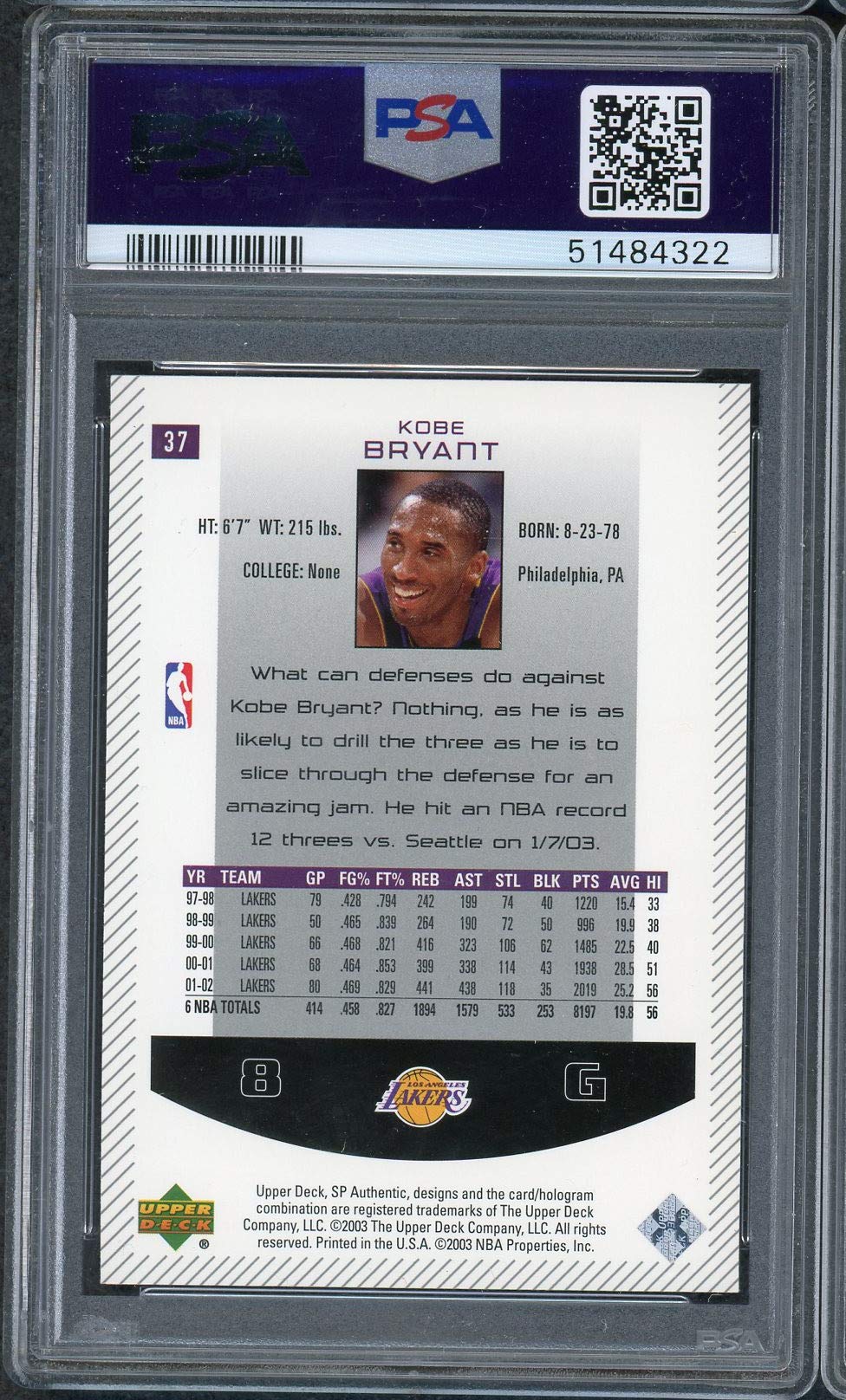 Kobe Bryant 2002 SP Authentic Upper Deck Basketball Card #37 Graded PSA 10 GEM MINT