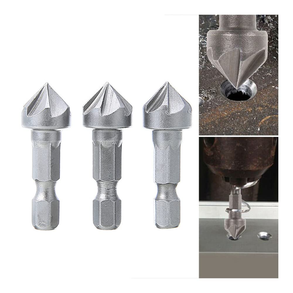 90 Degree Countersink Drill Chamfer Bit 1/4" Hex Shank Woodworking Angle Point Bevel Cutting Cutter Remove Bur,3PCS