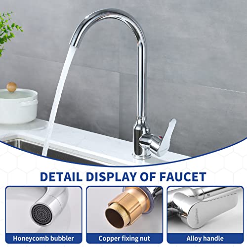 PFAMKEER Single Handle High Arc Kitchen Faucets Stainless Steel Chrome Plated, Modern Single Hole Kitchen Sink Faucet, Commercial One Hole Bar Sink Faucet