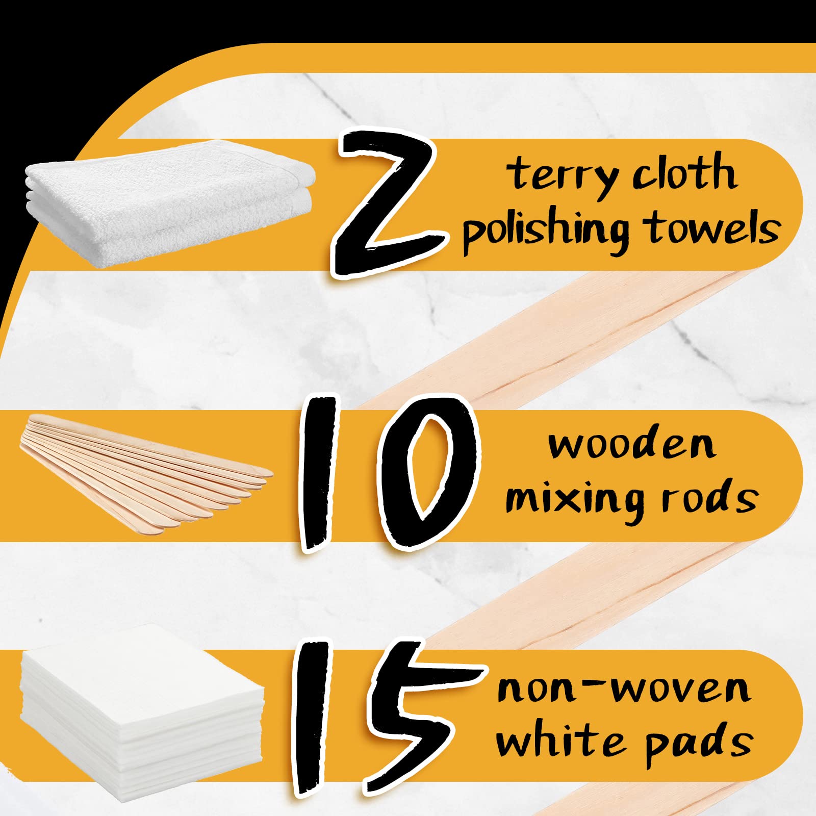 27 Pieces Wood Wax Applicator, Includes 15 White Non-Woven Pads 2 Terry Cloth Buffing Towels and 10 Stirring Sticks for Polishing Cutting Board and Multi Purpose Use in Home