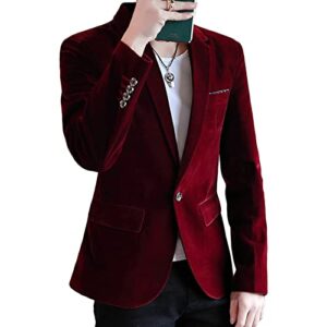 Men Vintage Velvet One Button Blazer Lightweight Solid Casual Sport Coat Single Breasted Slim Dinner Tuxedo Jacket (Red,X-Large)