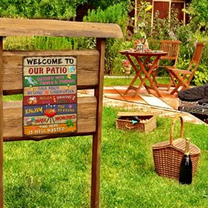 INNSETUU Patio Signs Welcome To Our Patio 12 x 18 Inch Metal Signs Patio Signs and Decor Outdoor Patio Signs and Decor Outdoor Patio Wall Decor Time Here Is Well Wasted Classic