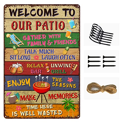 INNSETUU Patio Signs Welcome To Our Patio 12 x 18 Inch Metal Signs Patio Signs and Decor Outdoor Patio Signs and Decor Outdoor Patio Wall Decor Time Here Is Well Wasted Classic