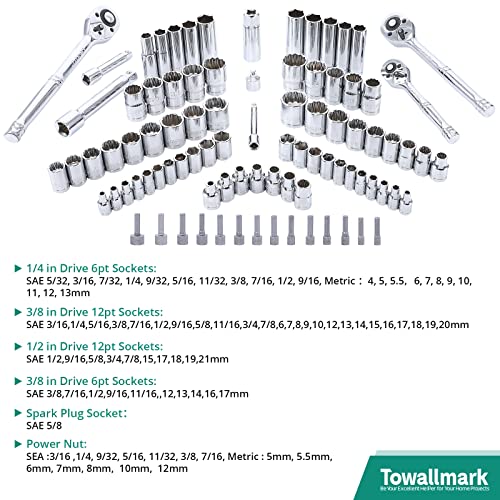 Towallmark 213 Piece Mechanic Tool Set and Socket Wrench Set, SAE and Metric Household Hand Tool Kit, Cr-V Constructed, Home/Auto Repair Tool Sets with Storage Case