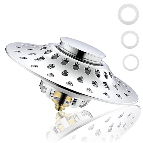 Upgraded Tub Stopper with Hair Catcher - 2 in 1 Pop Up Bathtub Stopper, Brass Tub Drain Stopper with Anti-Clogging Strainer, Tub Drain Plug with Metal Hair Trap, Only Fit for 1.65-2 Inch, Chrome