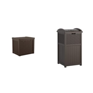 suncast resin storage seat (22 gallon) and trash can (33 gallon) bundle for backyard, deck, patio