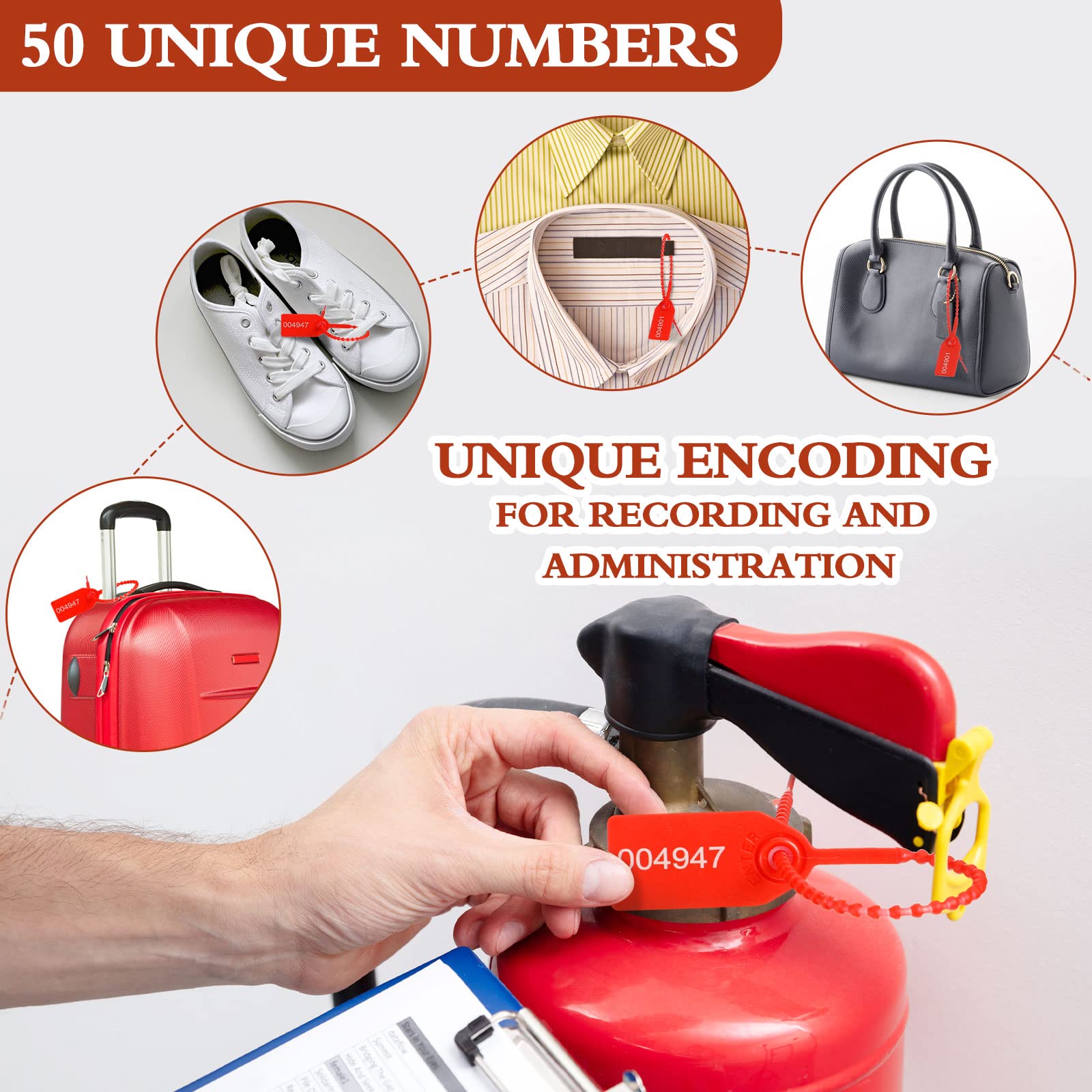 101 Pieces Monthly Fire Extinguisher Inspection Tags 2023 Maintenance Tags and Plastic Tamper Seals Numbered Security Tags with Handheld Hole Puncher (Red, Yellow, 4.33 x 2.13 Inch)