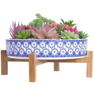 ARTKETTY Succulent Pots, 11 Inch Large Succulent Planters with Drainage Ceramic Bonsai Pot with Bamboo Stand, Shallow Planters for Indoor/Outdoor Plants Modern Floral Cactus Flower Plant Bowl